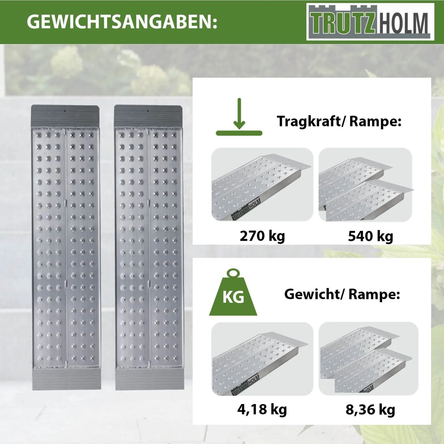 TRUTZHOLM Alu Auffahrrampen, 2er Set, 150x28cm, Traglast 540kg, grau. Zubehör für Autoanhänger.