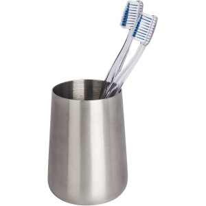 Wenko Edelstahl Zahnputzbecher Solid mit zwei Zahnbürsten.
