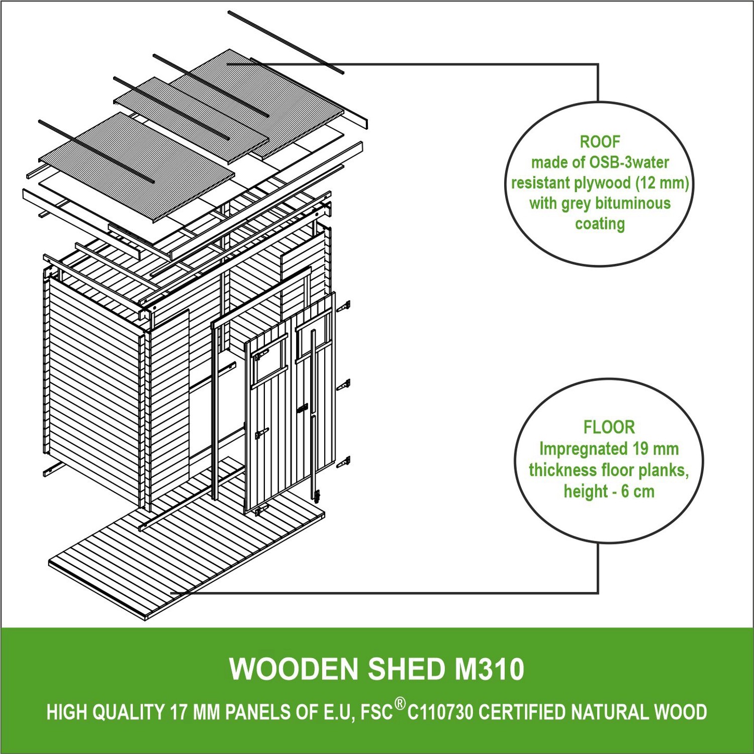 Explosionszeichnung Timbela Gartenhaus M310+M310G mit Fenster und Boden, Holz-Gartenhaus