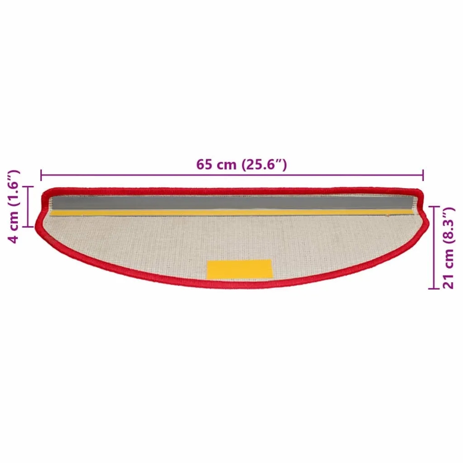 Rote halbrunde Stufenmatte aus getuftetem PP, 65x21x4 cm, mit Klebestreifen zur Befestigung.