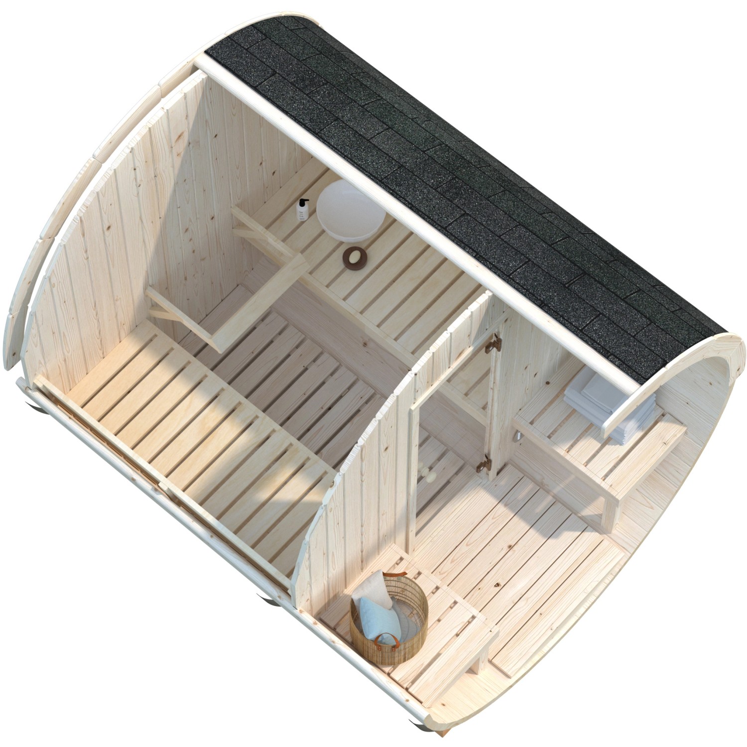 Palmako Saunafass Anita, 1,3 m², naturbelassen, mit Bänken und Glastür. Aufgeschnittenes Fass von oben.