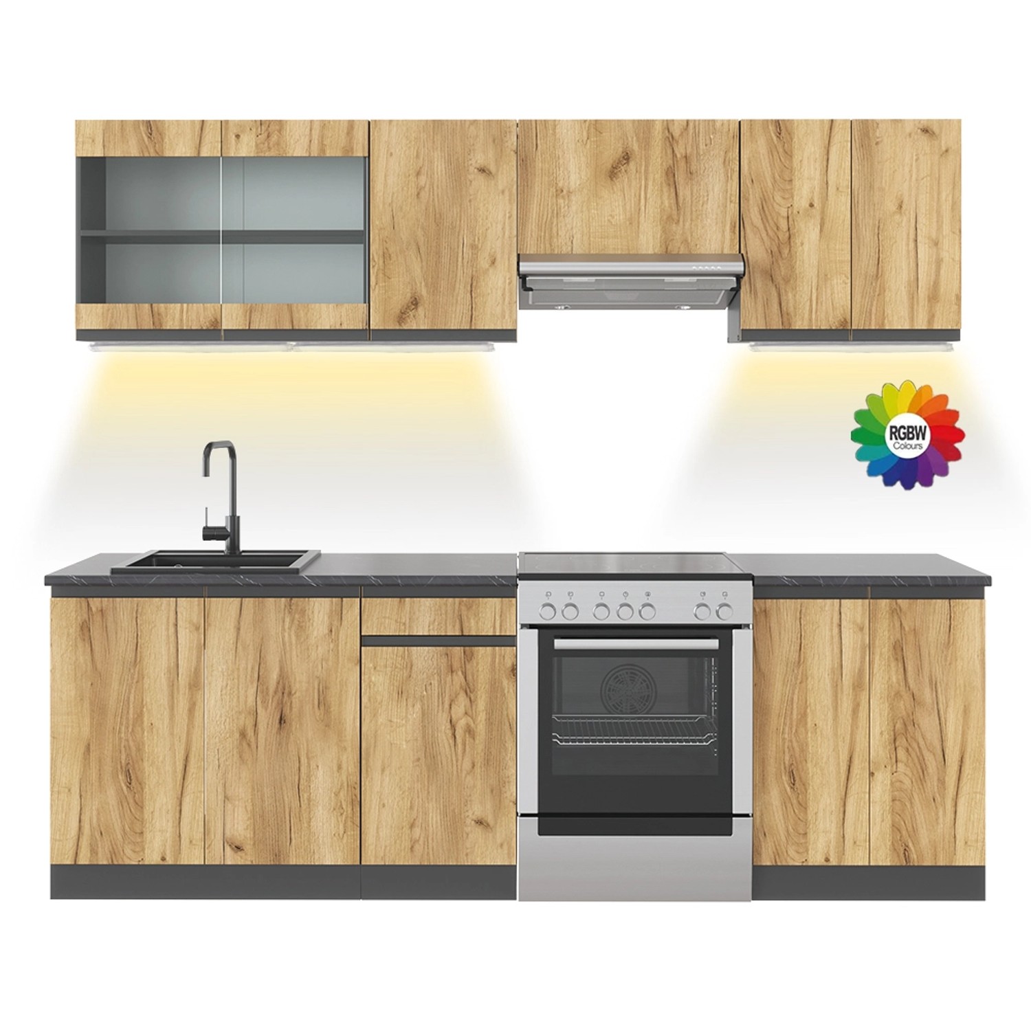 Vicco Raul Küchenzeile Goldkraft Eiche 240 cm J-Shapeohne Arbeitsplatte mit günstig online kaufen