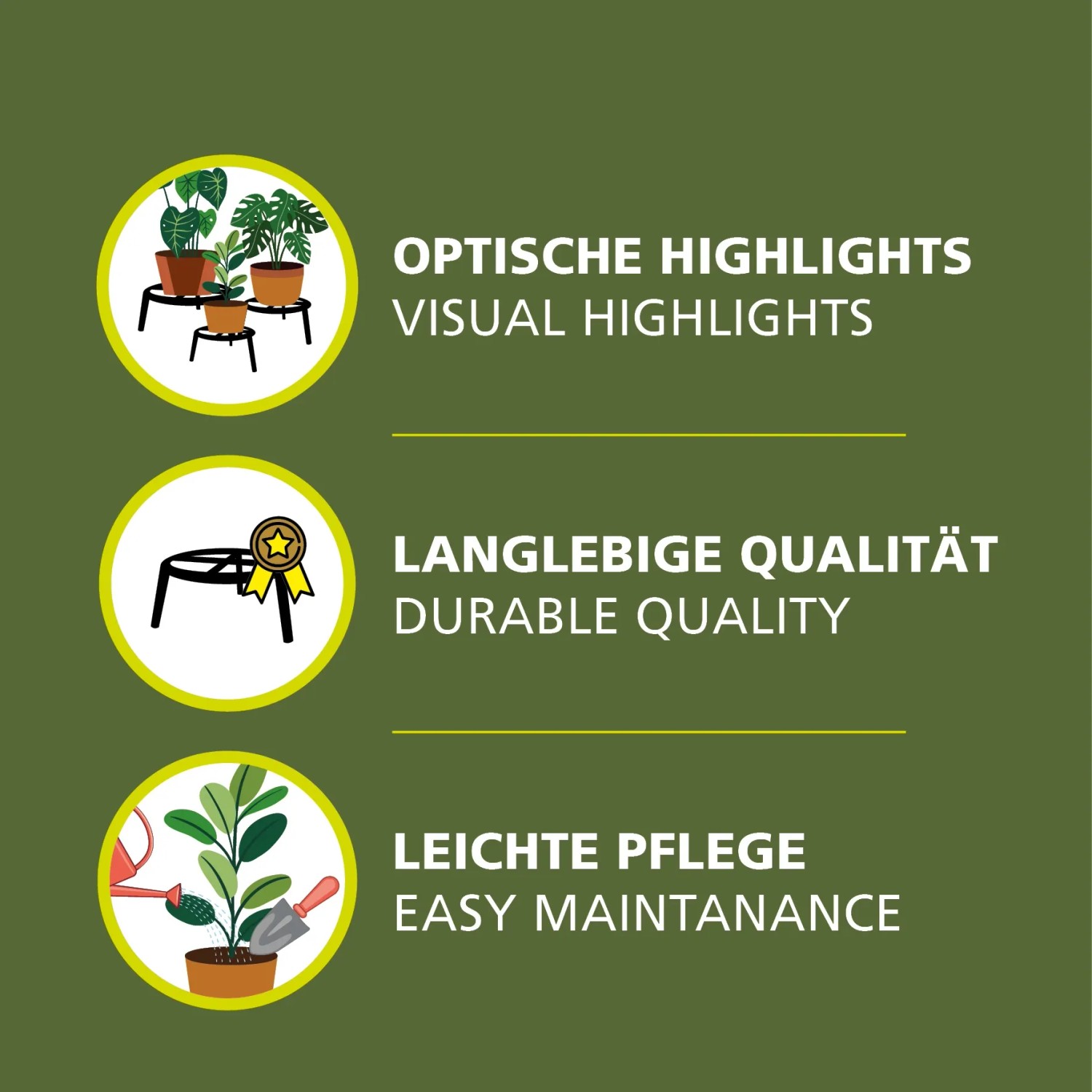 Produktvorteile des Wagner Pflanzenständer GH 0681: Optische Highlights, langlebige Qualität und leichte Pflege.