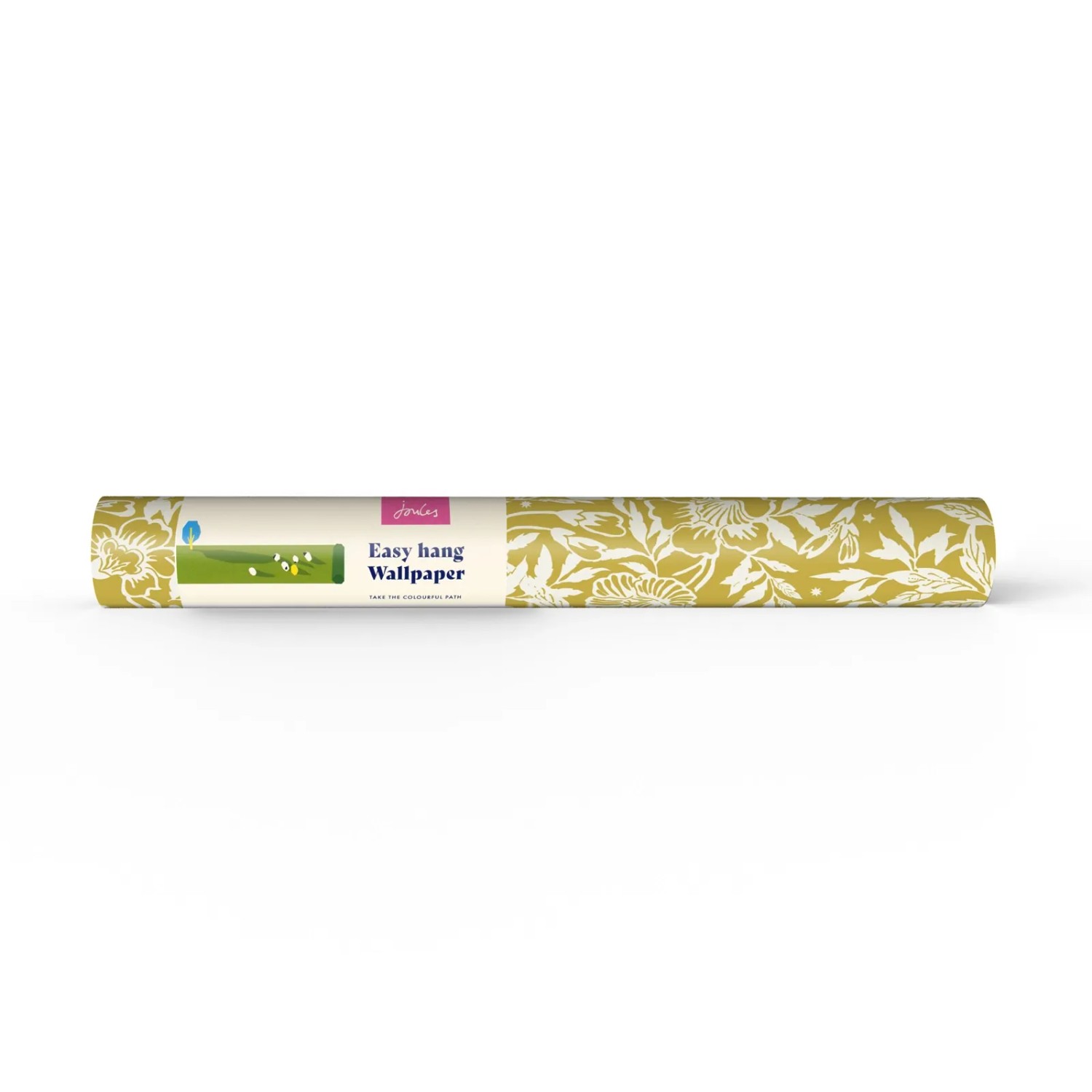 Gerollte Joules Vliestapete Twilight Ditsy Antique Gold Gelb mit Blumenmuster.