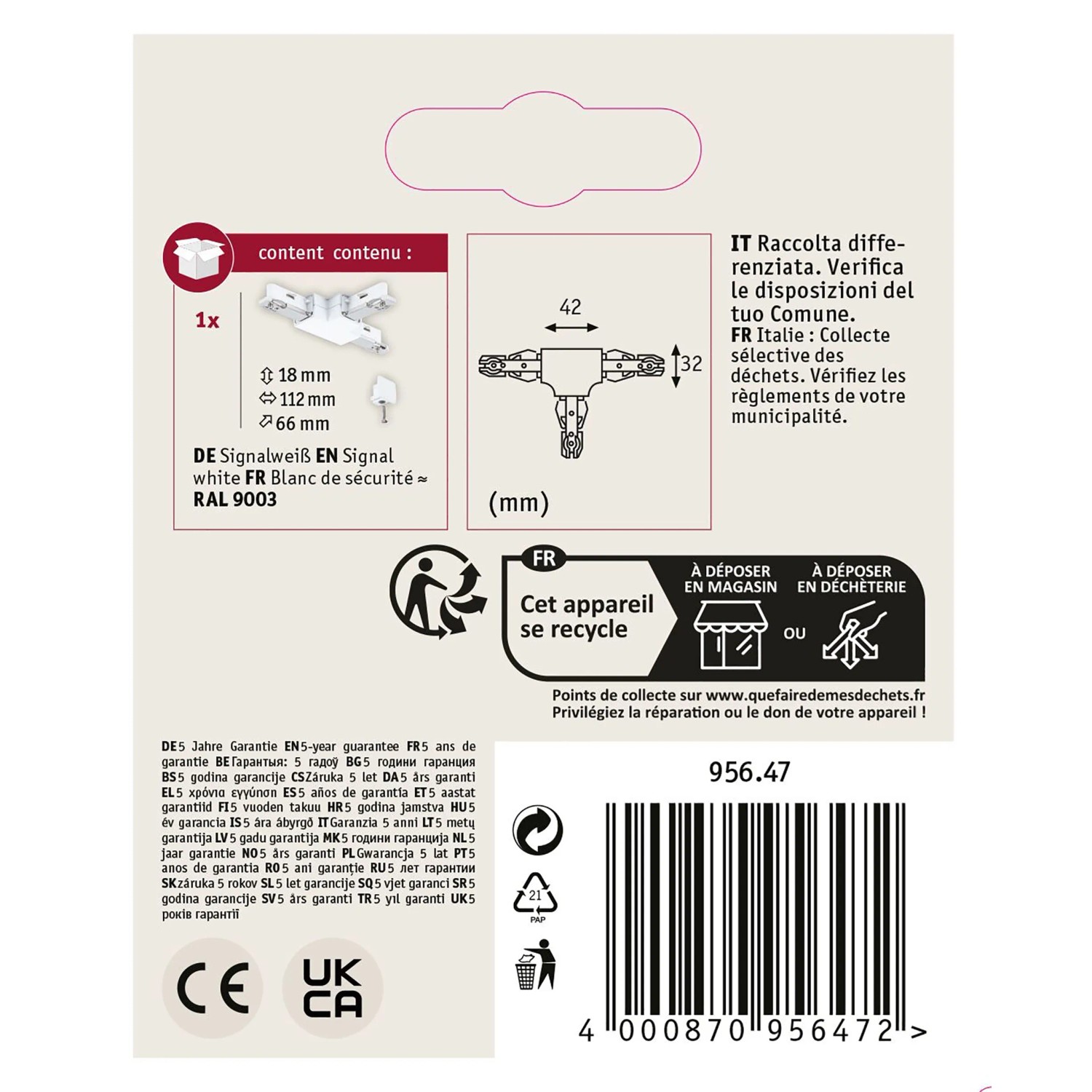 Paulmann URail T-Verbinder in Signalweiß, Detailansicht der Verpackung.