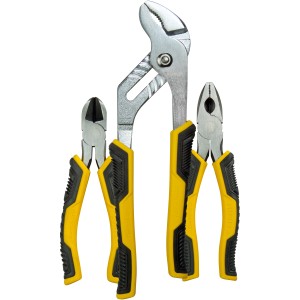 Stanley Zangen-Set Control-Grip, 3-teilig: Kombizange, Seitenschneider, Wasserpumpenzange mit gelb-schwarzen Griffen.