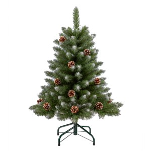 Kleine Kunsttanne Blavand, 90 cm hoch, mit Zapfen und Kunstschnee auf Metallständer.