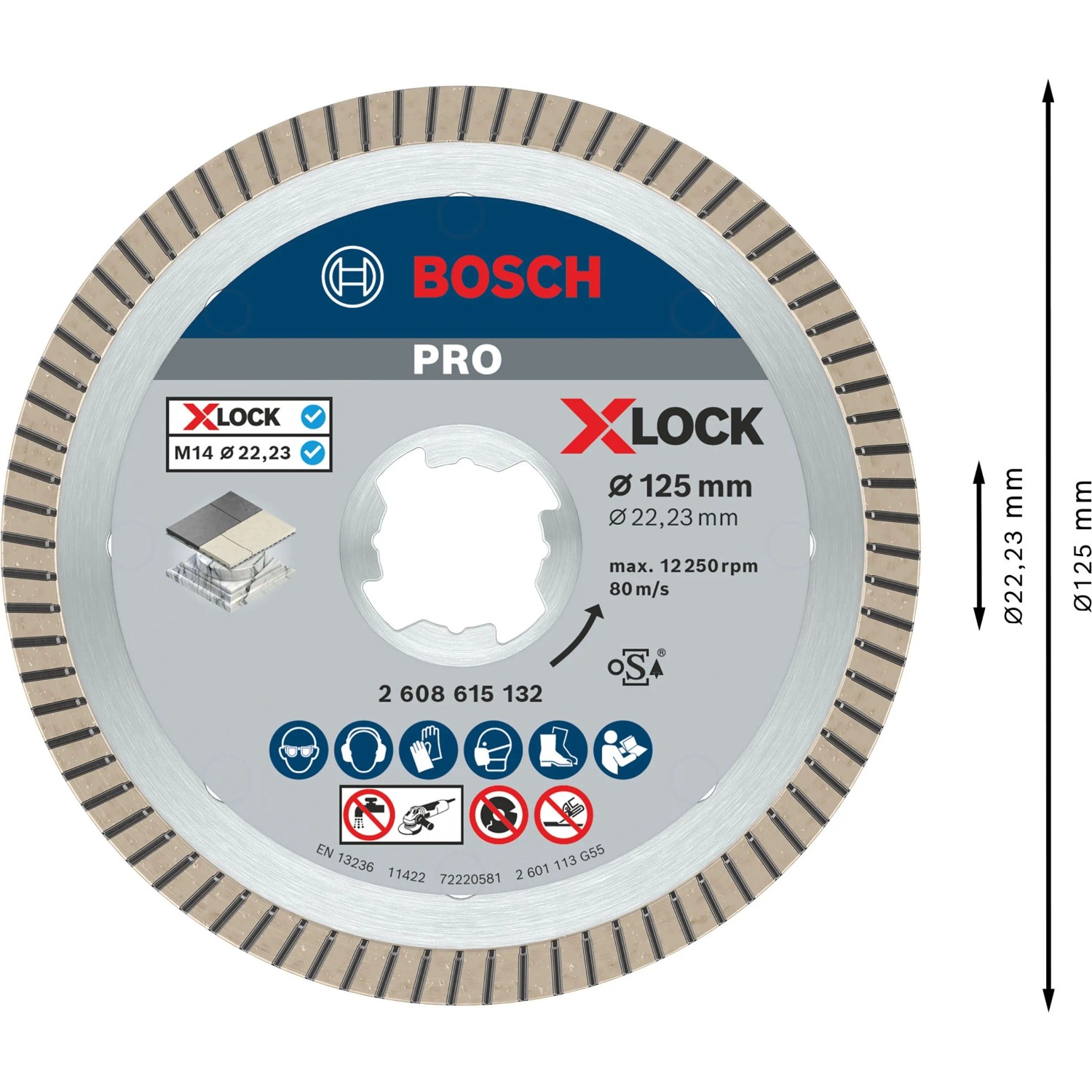 Bosch X-Lock Diamanttrennscheibe 125 mm für Winkelschleifer. Saubere Schnitte in Keramik, Porzellan, Feinsteinzeug.