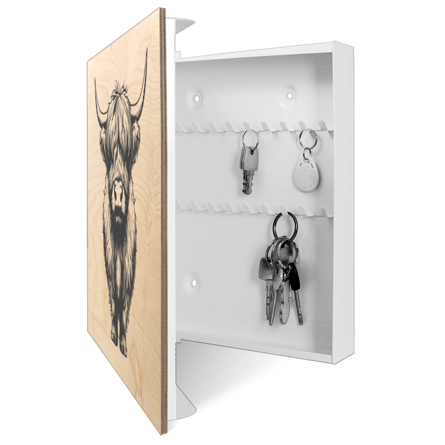 Weißer Schlüsselkasten mit Holzfront (Hochlandrind), 30x30cm, 50 Haken zur Schlüsselaufbewahrung.