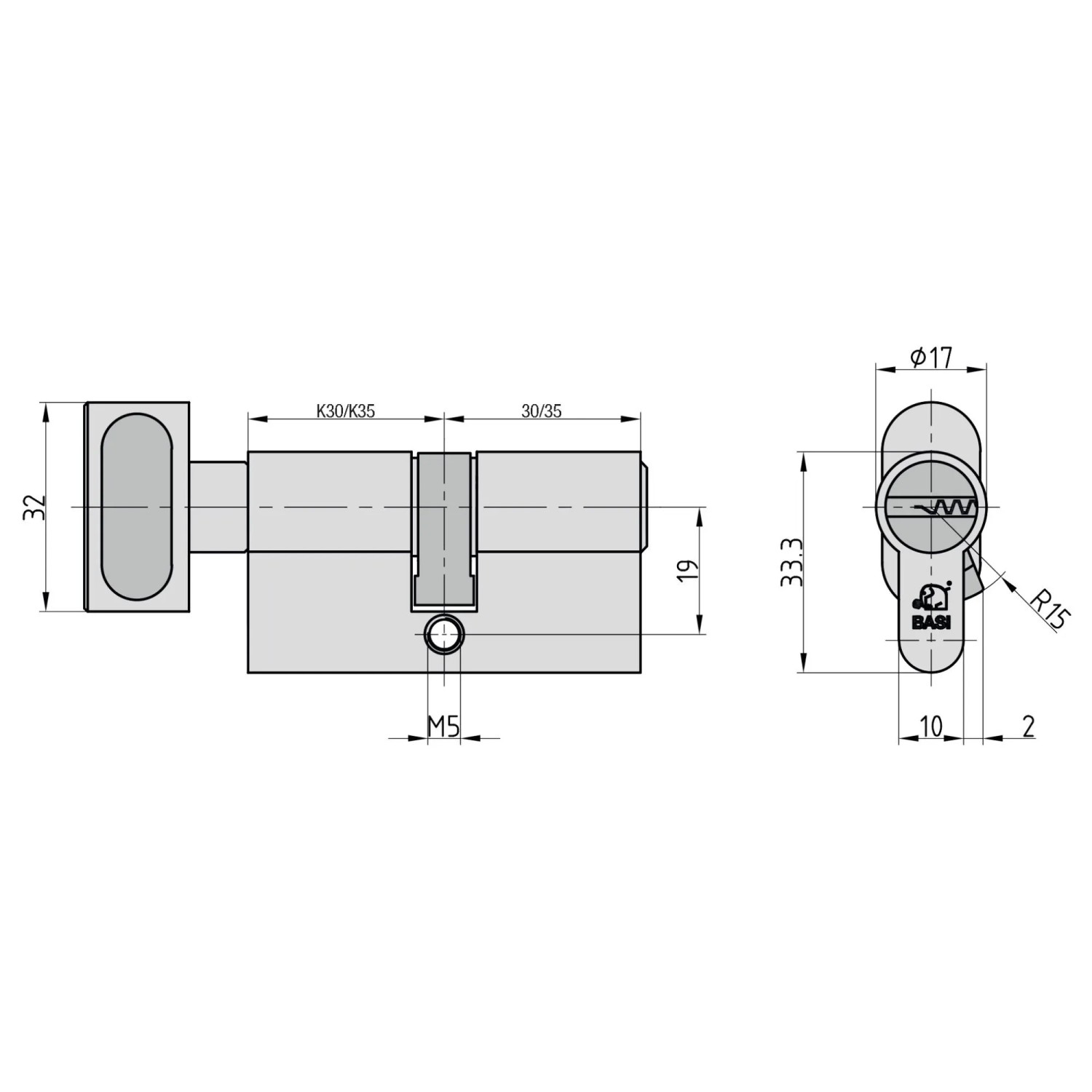 Technische Zeichnung Basi V55 Profilzylinder K35/30, verschiedenschließend, mit Maßen.