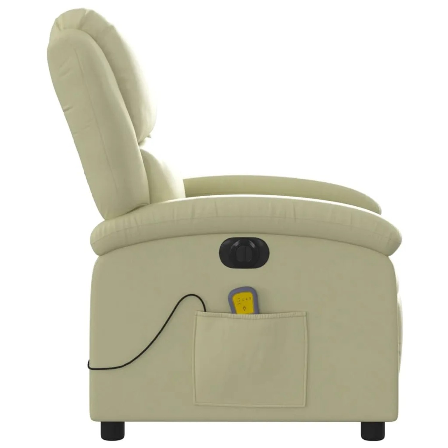 Elektrischer Massagesessel in Creme aus Echtleder, Seitenansicht. Relaxsessel mit Fernbedienung in Tasche.