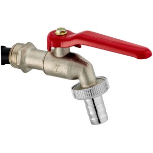 Kugelauslaufventil 21mm mit rotem Hebel und Schlauchverschraubung für Wasseranschluss.