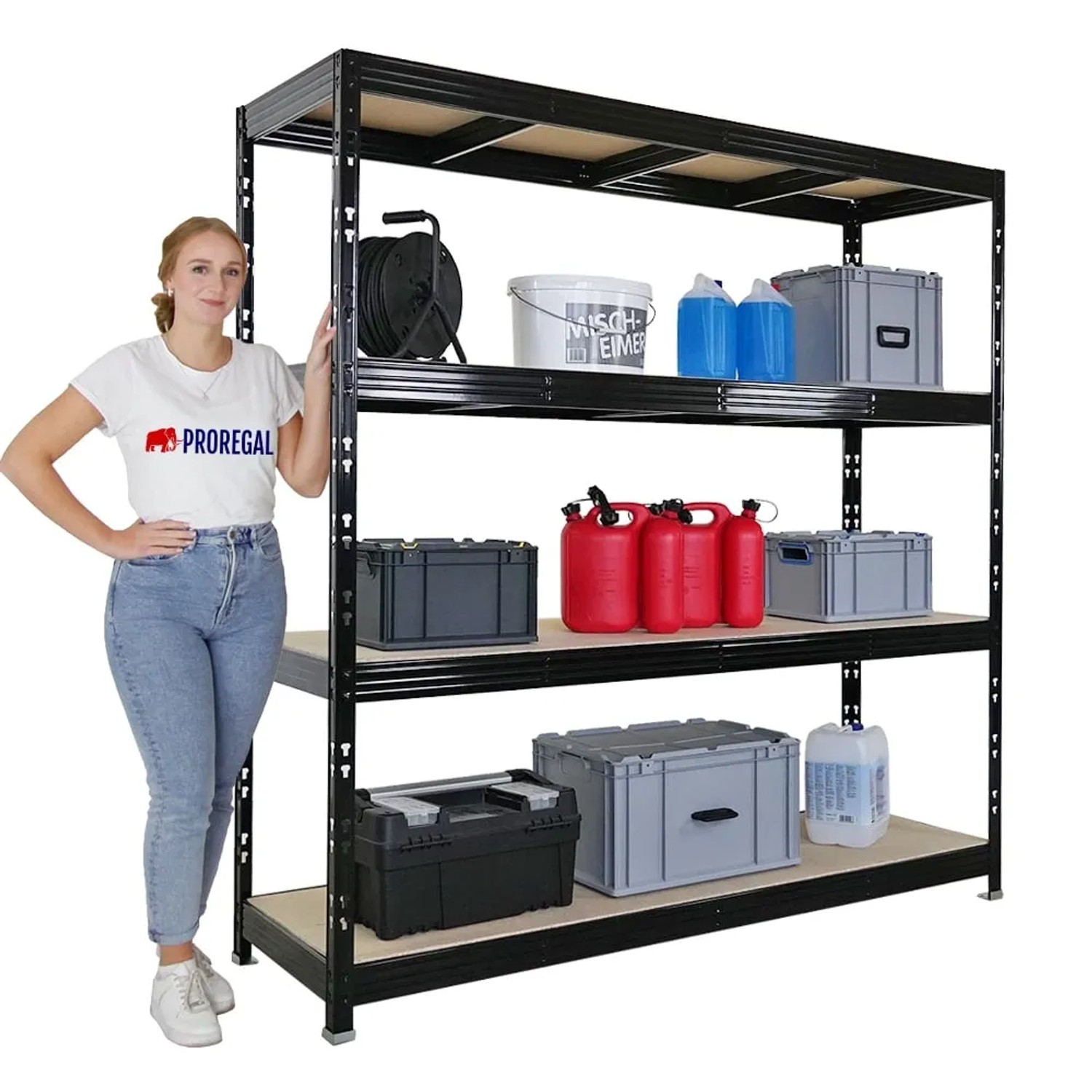 PROREGAL Profi Schwerlastregal Rhino HxBxT 200x200x60cm 4 Spanplatten-Ebenen 8mm Fachlast 500kg Schwarz Stecksystem Lagerregal Steckregal_2