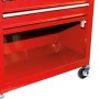 Detailansicht: Roter Einhell Werkstattwagen TC-TW 100 mit Schubladen, Ablagefach und Rollen.