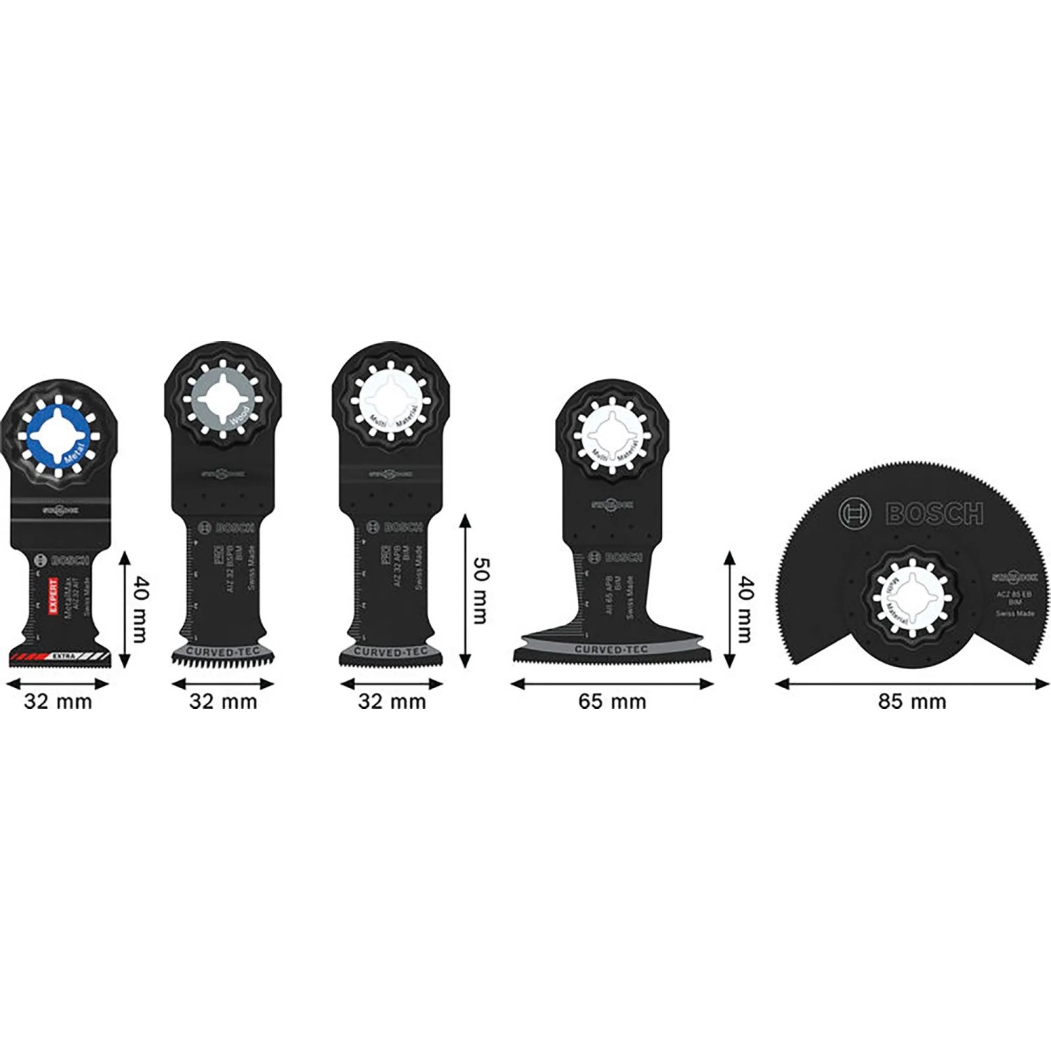 Bosch Sägeblatt-Set, 5-teilig, für Multifunktionswerkzeuge. Verschiedene Sägeblätter in Schwarz mit Größenangaben.