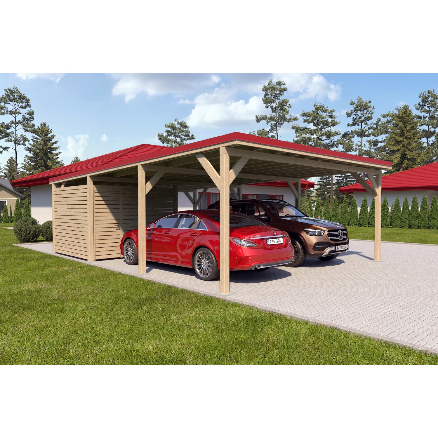 Holzbrüder Carport Ralf 52m² mit kl. Geräteraum Impräg.-Rot günstig online kaufen