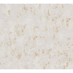 Moderne Betontapete in Weiß-Gold mit Metallic-Effekt für Bad und Schlafzimmer.