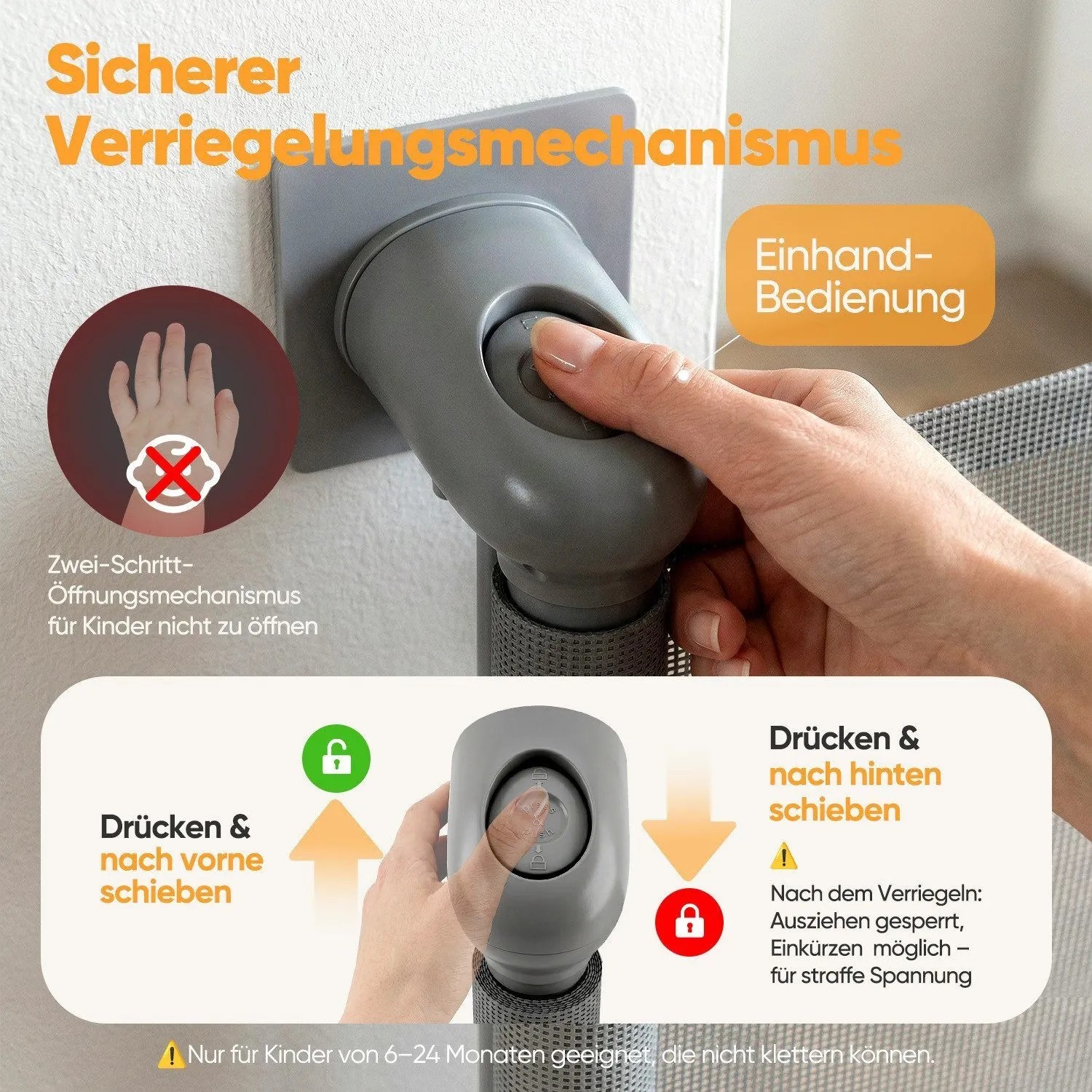Grauer Verriegelungsmechanismus des Sekey Treppenschutzgitters mit Einhandbedienung. Sicherer Zwei-Schritt-Verschluss für Kinder & Hunde.