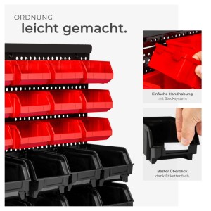 Tectake Wandregal mit roten und schwarzen Stapelboxen, 31-teilig, für Werkstatt und Hobby.