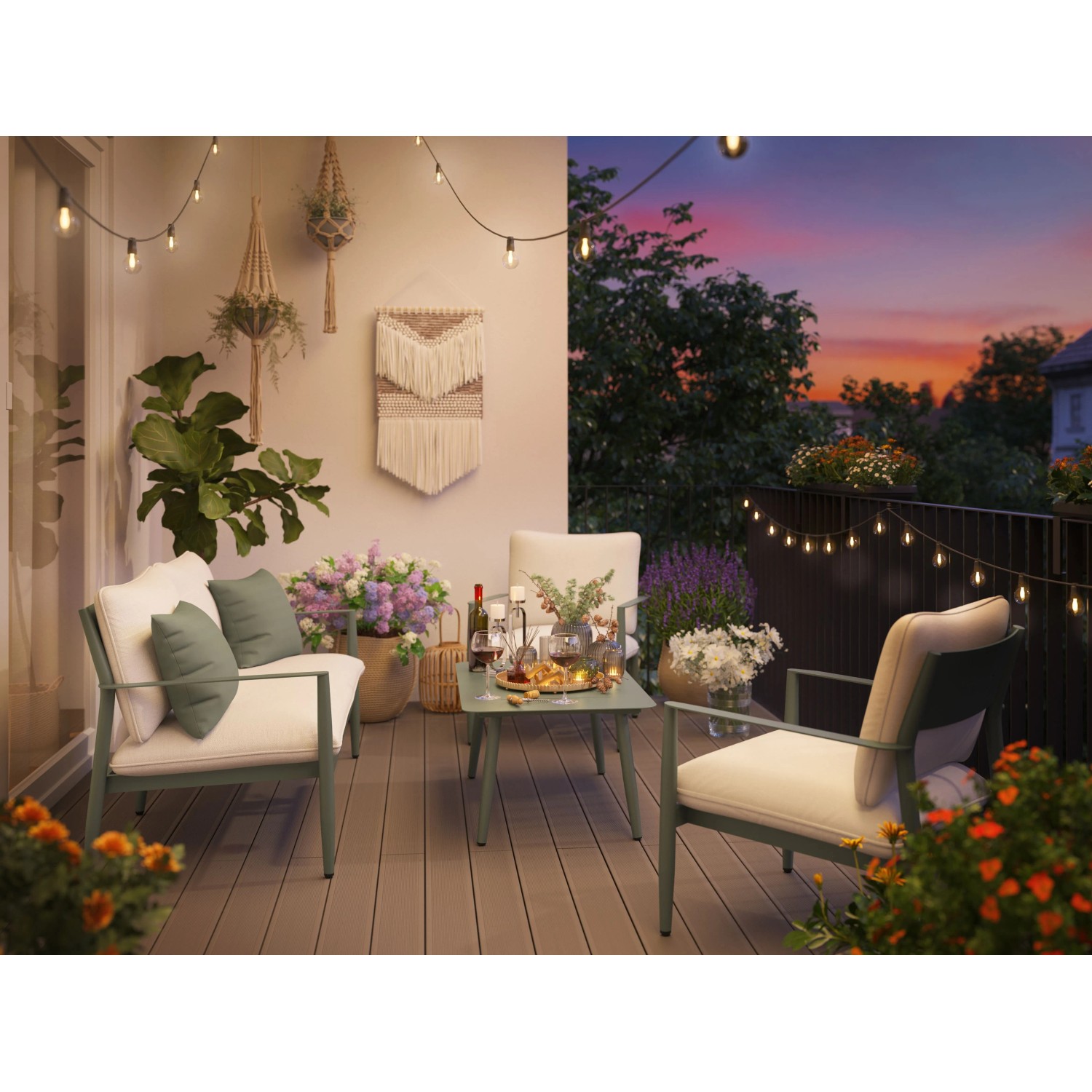 5-teilige Loungegruppe Claremont in Grün-Grau/Cremeweiß auf Terrasse mit Deko.