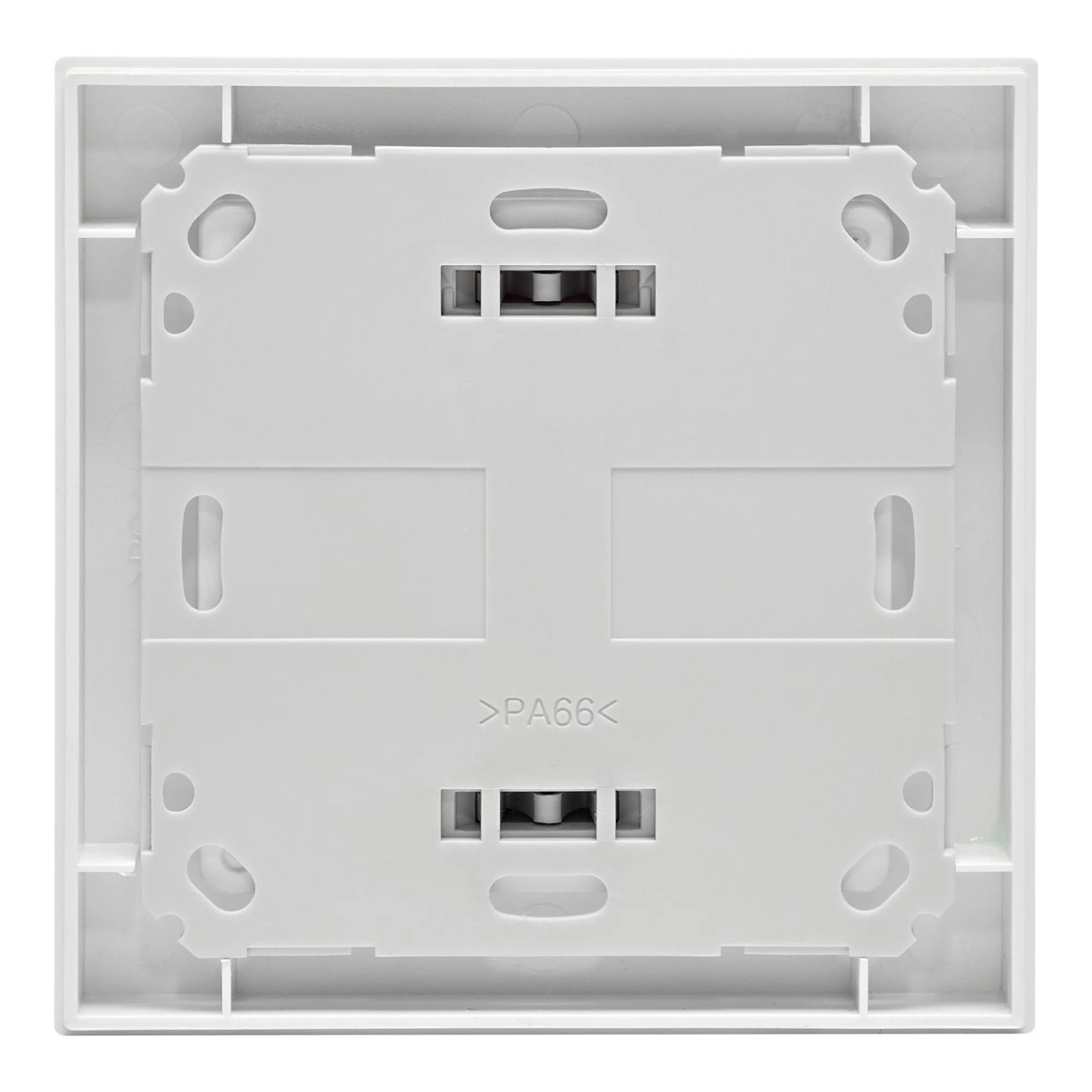 Rückseite des weißen Homematic IP Wandtasters 2-fach mit Montageplatte für Hausautomation.