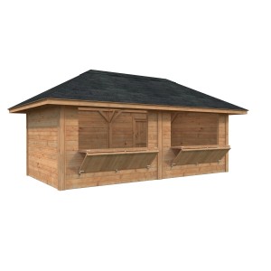 Palmako Marktstand Bianca Set 111, braun tauchgrundiert, mit zwei Verkaufsklappen und Tür.