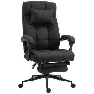 Schwarzer ergonomischer Bürostuhl in Leinenoptik mit ausziehbarer Fußstütze, Kopfkissen und gepolsterten Armlehnen.