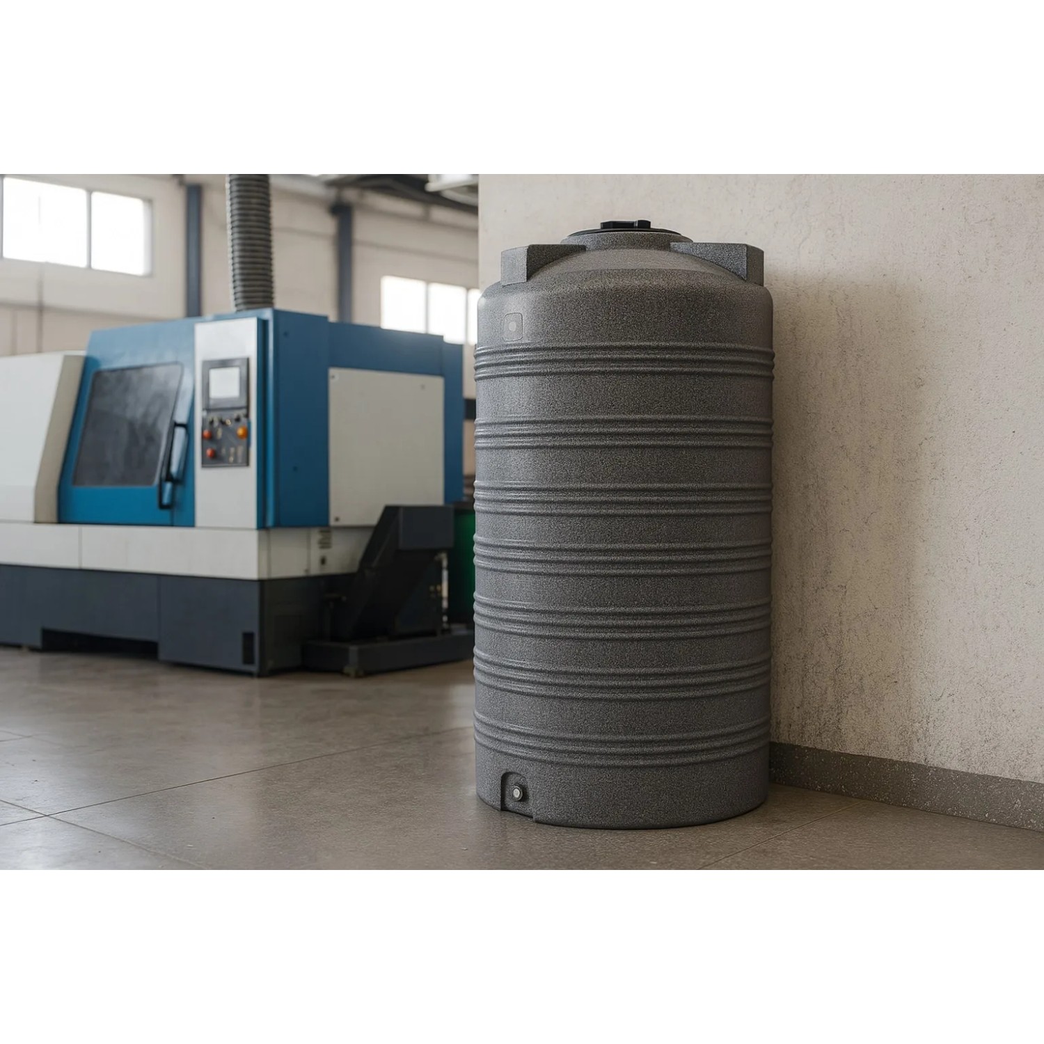 Marmorierter, zylindrischer KMND 2000L Trinkwasser Wassertank aus PE, dunkelgrau mit Rippenstruktur.