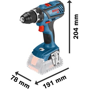 Bosch Professional Akku-Bohrschrauber GSR 18V-28 im L-Case mit Akkus und Ladegerät, Abmessungen werden angezeigt.