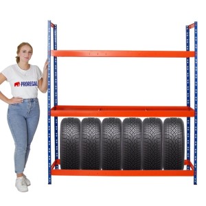 PROREGAL Reifenregal Tiger XL, blau-orange, mit Reifen. Ideal zur Reifenlagerung in Garage oder Werkstatt.