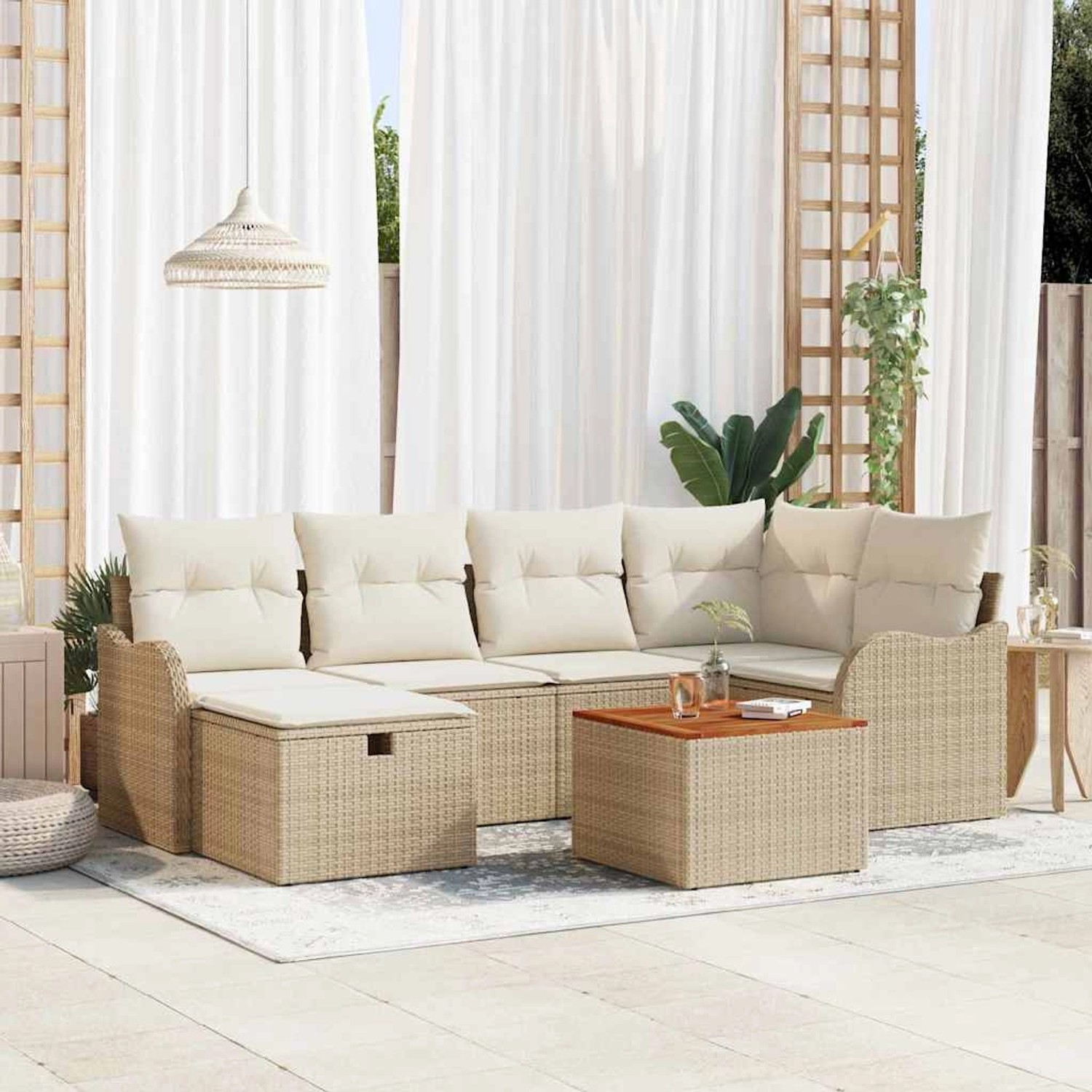 Beiges 7-teiliges vidaXL Garten-Sofa-Set aus Rattan mit Kissen und Stauraum.
