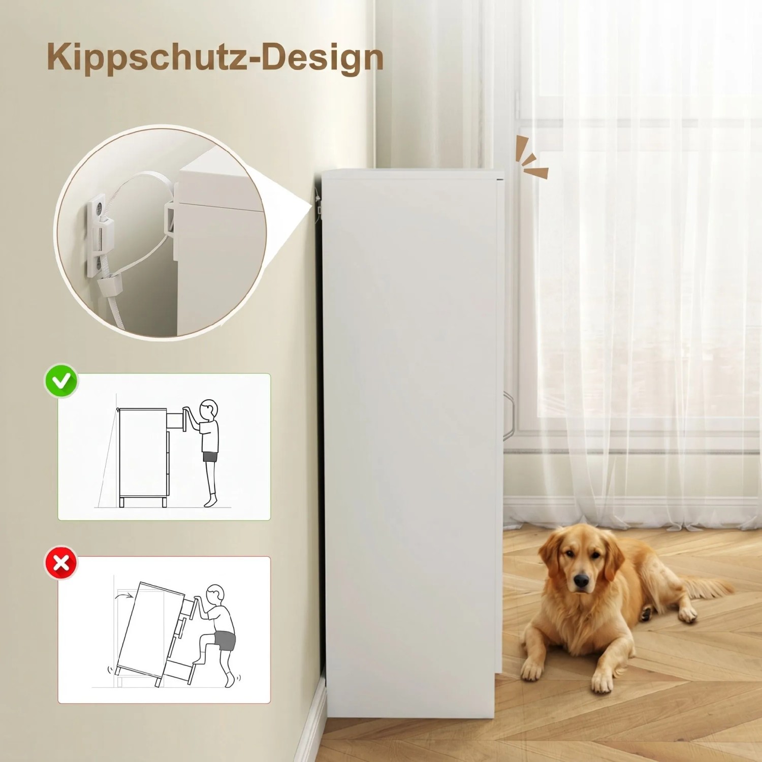 Weißer HOMCOM Schuhschrank mit Kippschutz-Design an der Wand, schematische Sicherheitshinweise. Ein Hund liegt davor.