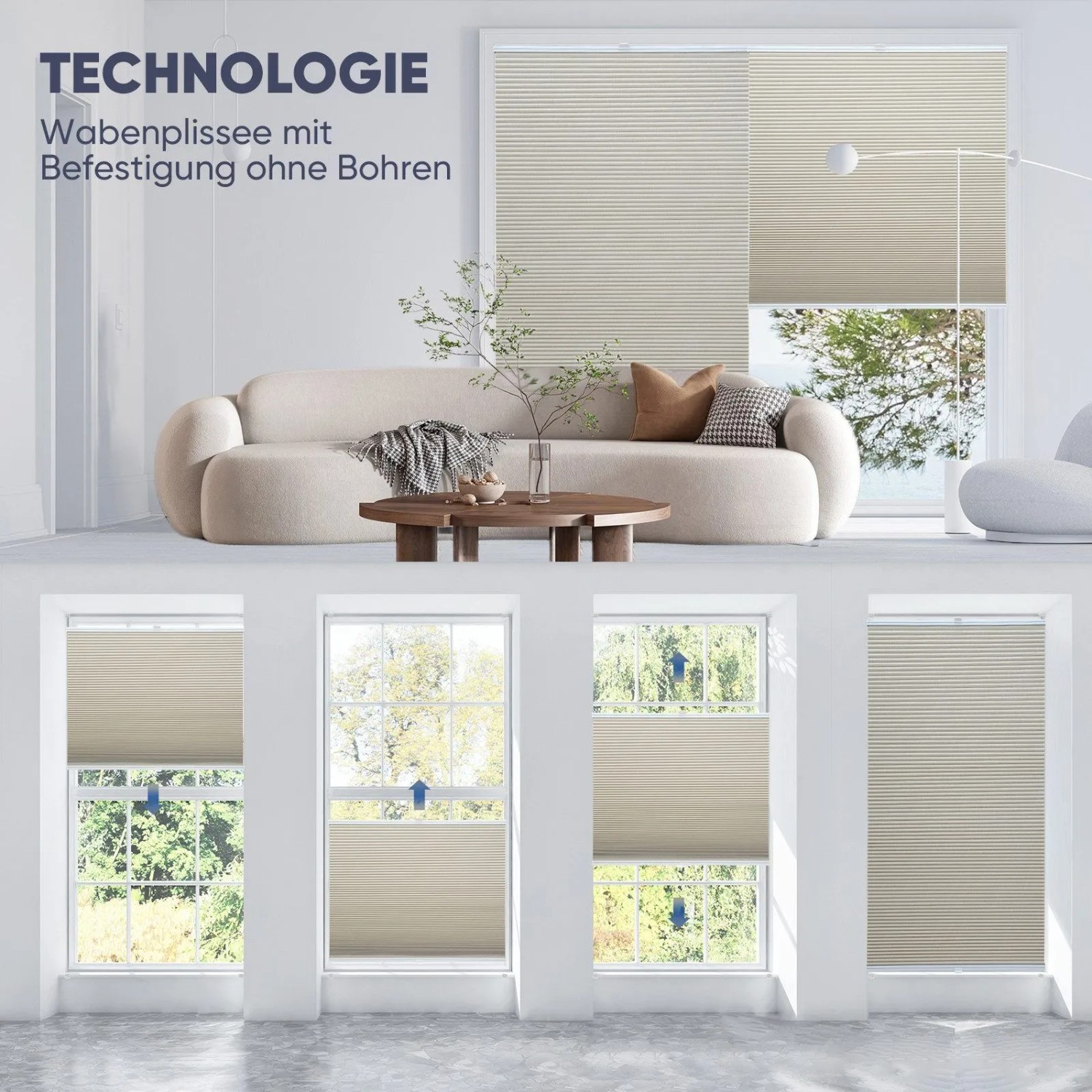 Beiges Sekey Wabenplissee, 100% verdunkelnd, Montage ohne Bohren, verschiedene Fenstergrößen.