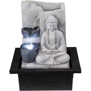 Grauer LED-Brunnen Albert mit Buddha-Figur, Design-Tischlampe für entspannende Atmosphäre.