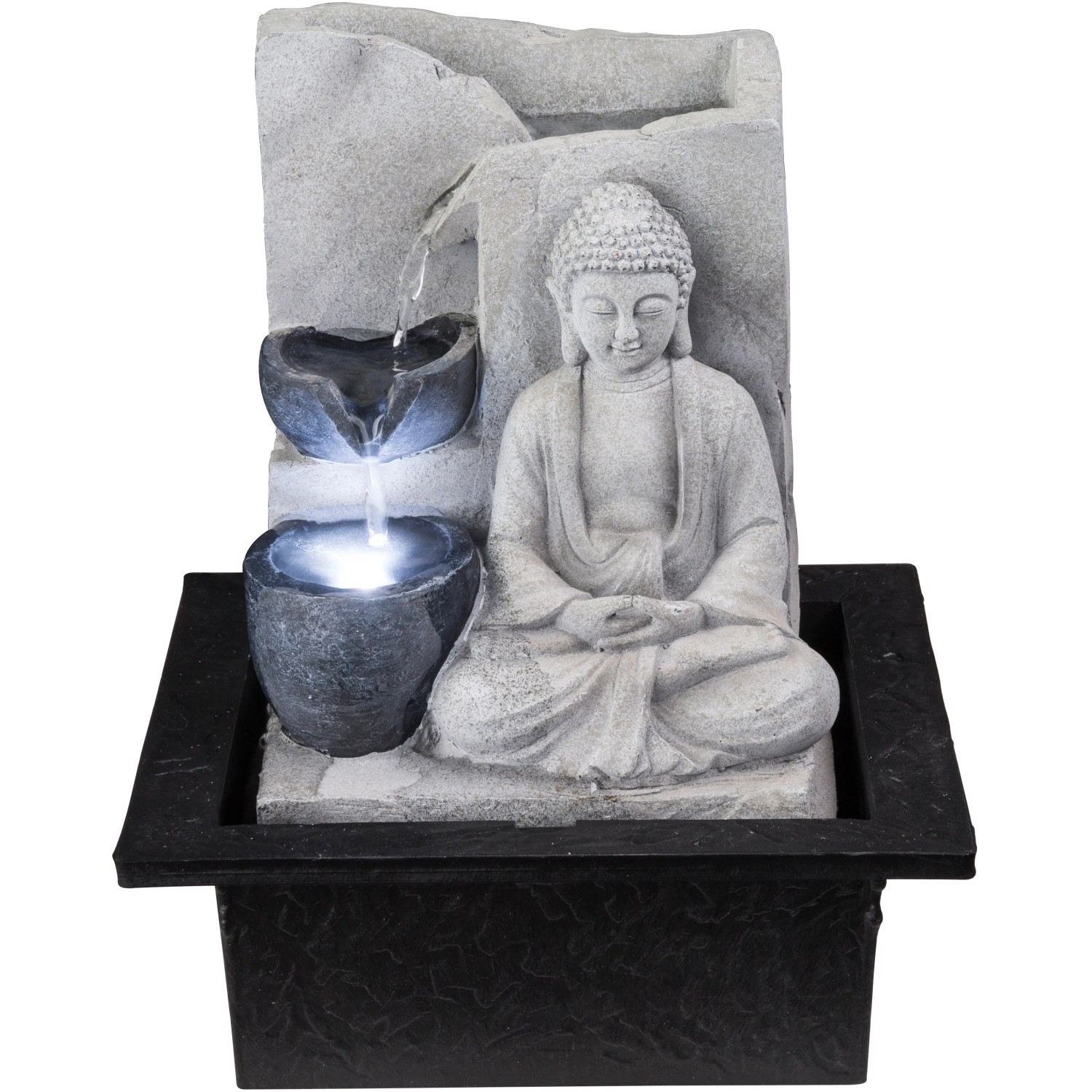 Grauer LED-Brunnen Albert mit Buddha-Figur, Design-Tischlampe für entspannende Atmosphäre.