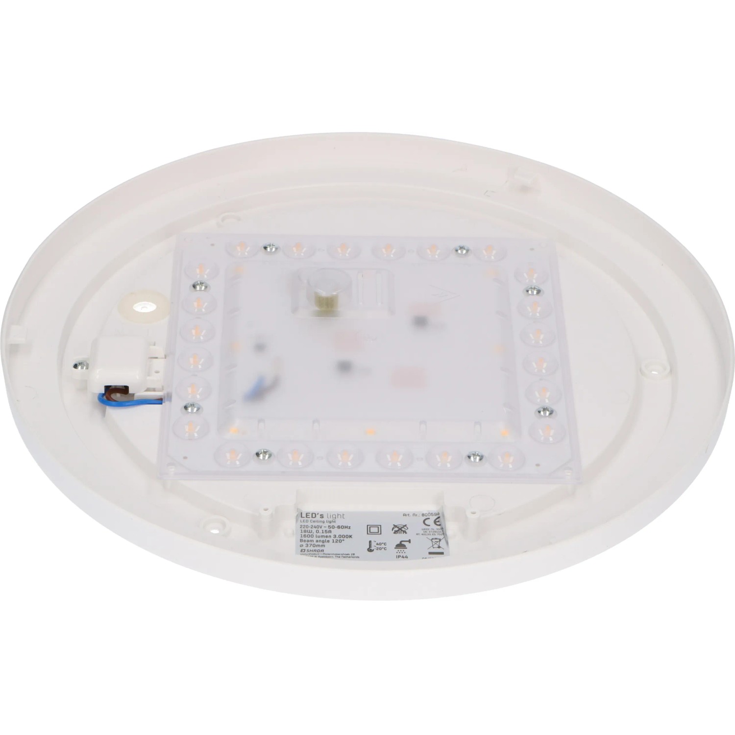 Weiße LED-Deckenleuchte, 18W, 3000K, IP44, Ø 37cm, für Bad & Küche geeignet.