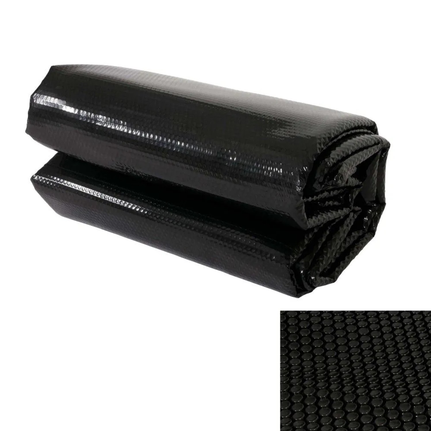 Schwarze, gefaltete MCW Pool-Abdeckung 400 µm aus PE-Folie mit Solarblasen-Struktur. Schützt und erwärmt Poolwasser.