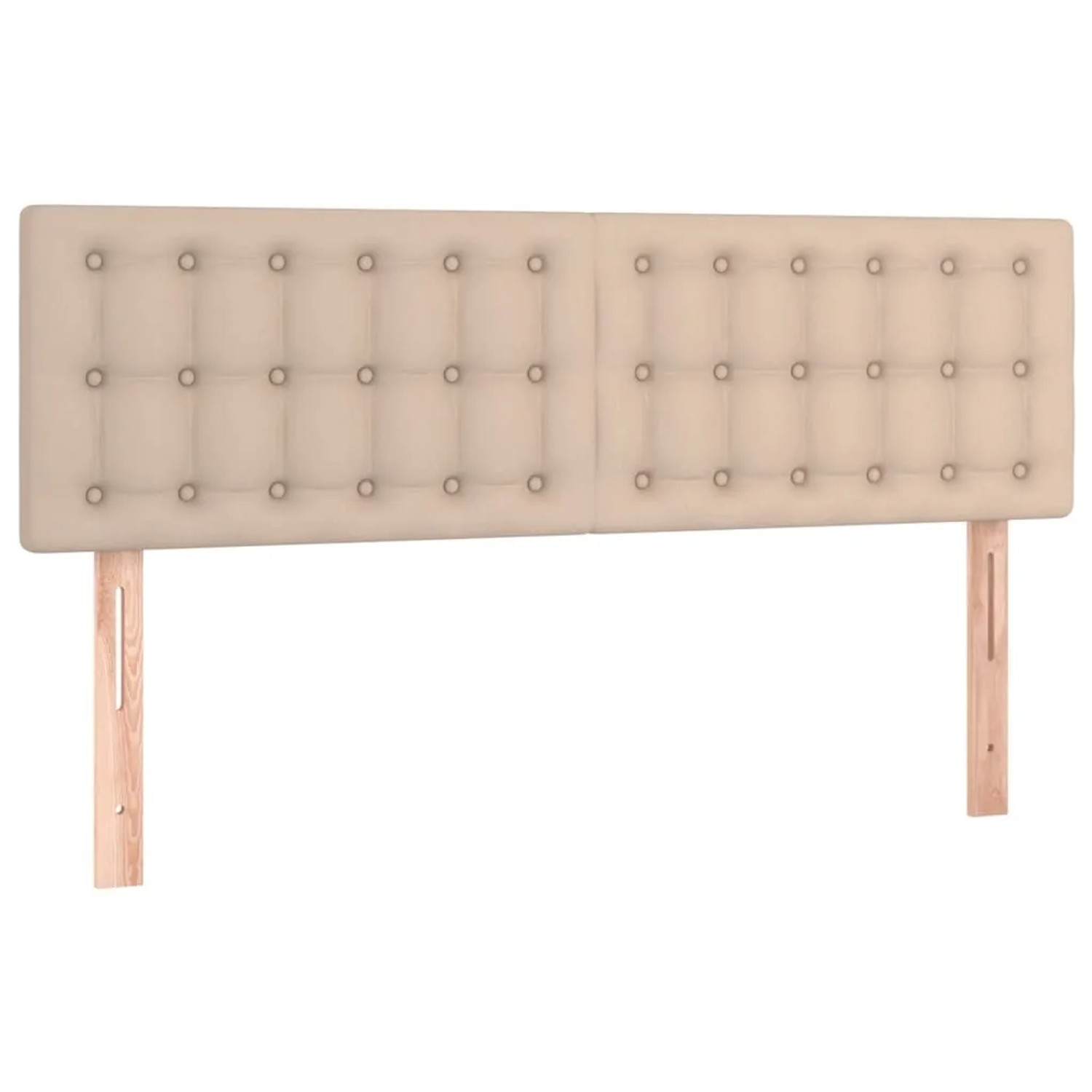 Boxspringbett Kopfteil in Cappuccino-Braun mit Knopfheftung und Holzfüßen.