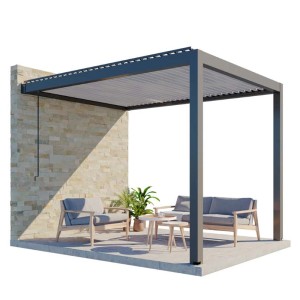 Huun Pergola Piano, wandmontiert, anthrazit-weiß, 300x400 cm, mit Lamellendach und Sitzgruppe.