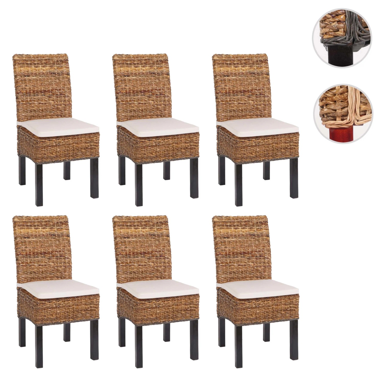 6er-Set Esszimmerstühle Loiret dunkel mit Kissen, Polsterstühle mit Bananenblatt-Geflecht und Mahagoni-Beinen.