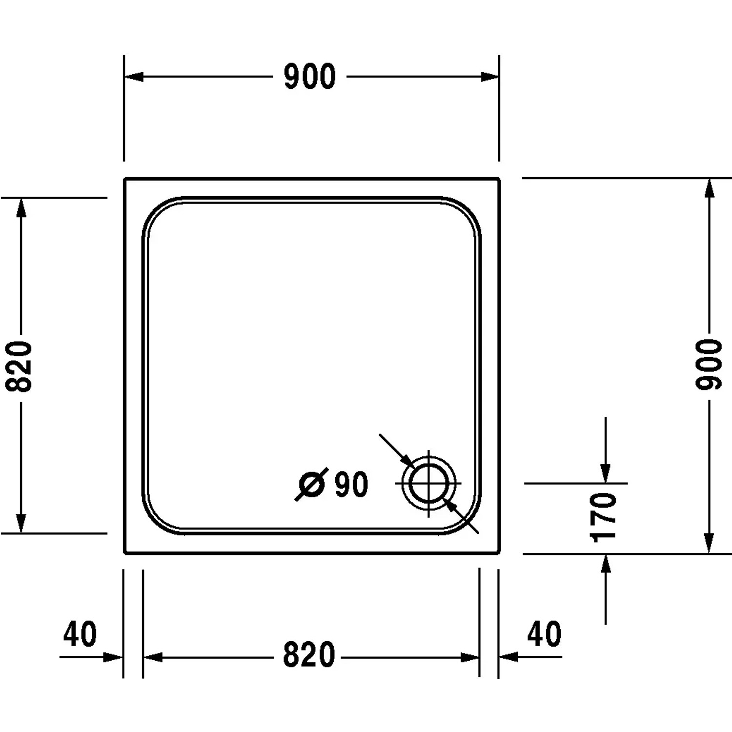 Technische Zeichnung der Duravit D-Code Duschwanne, 90x90 cm, mit Maßangaben.