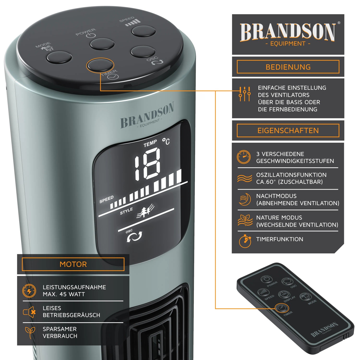 Brandson Turmventilator 96cm in Silbermint mit Fernbedienung und digitalem Display.