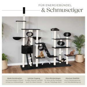Großer, schwarzer Tectake Kratzbaum Snooky mit Sisal, mehreren Ebenen und Katzen.