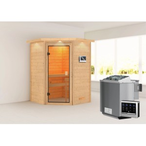 Woodfeeling Sauna Antonia mit Bio-Ofen und LED-Dachkranz. Massivholzsauna mit Ofen und Steuerung.