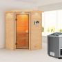 Woodfeeling Sauna Antonia mit Bio-Ofen und LED-Dachkranz. Massivholzsauna mit Ofen und Steuerung.