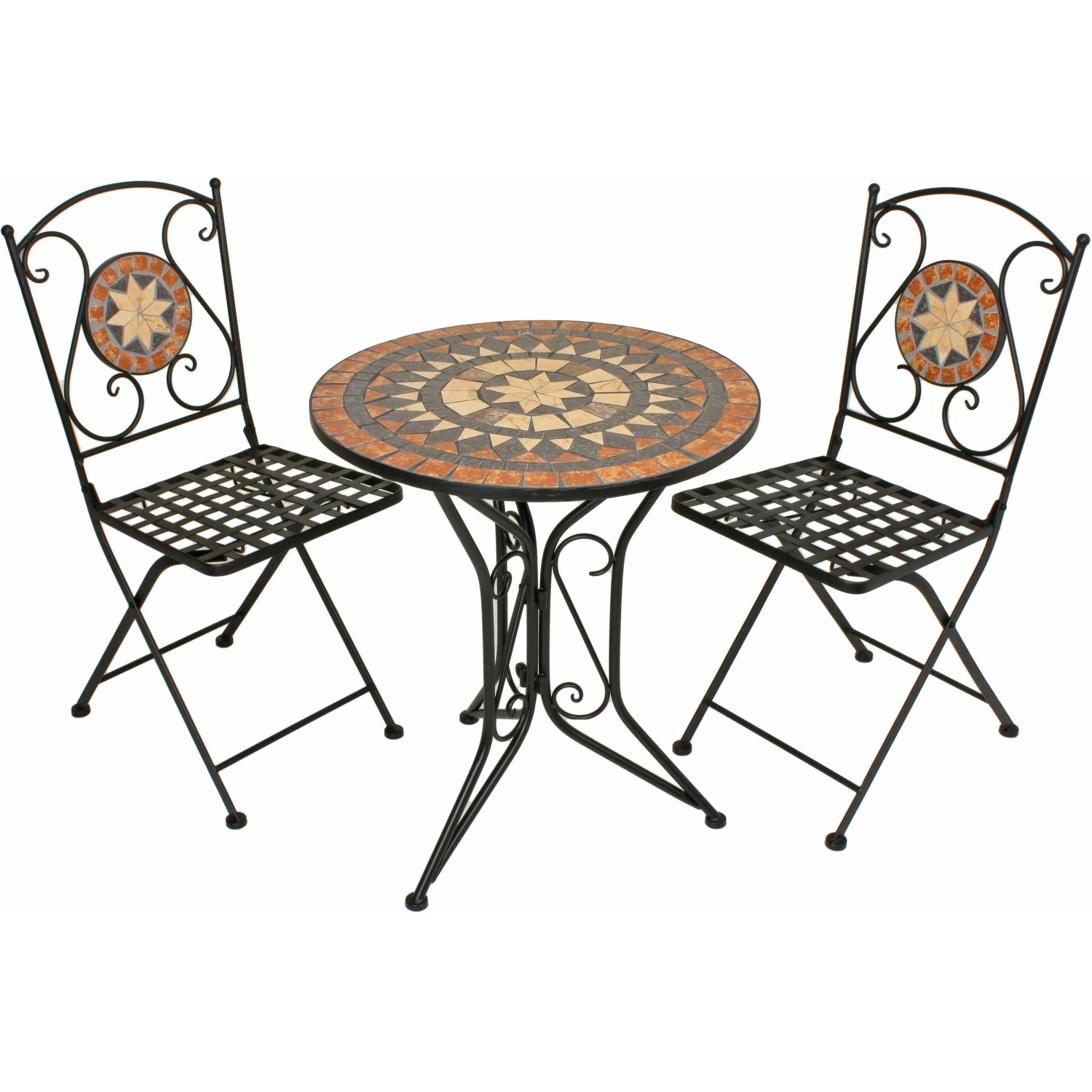 Garden Pleasure Bistro-Set Pular, 3-teilig, schwarz-braun mit Mosaik-Tisch und klappbaren Stühlen.