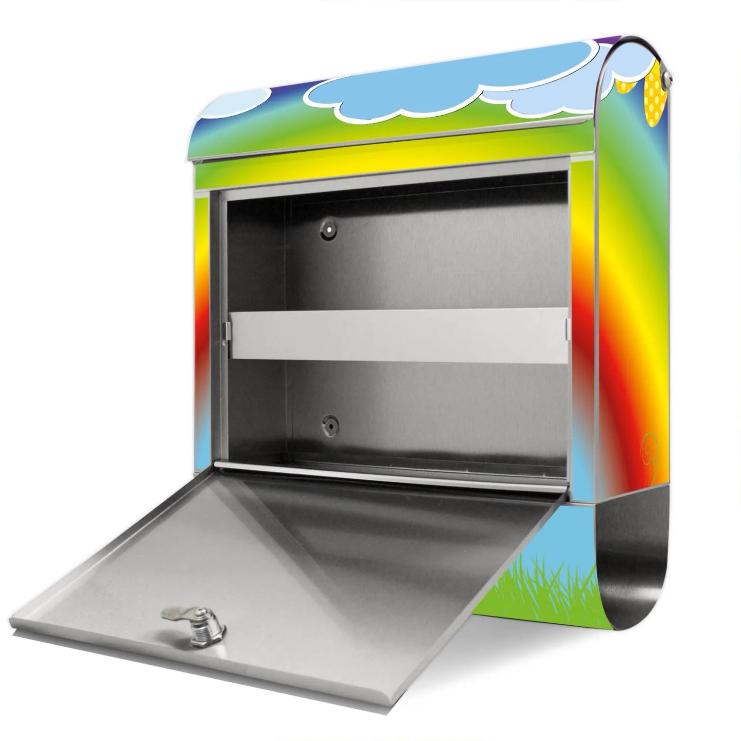 Offener Banjado Briefkasten aus Edelstahl mit Regenbogen Motiv und Zeitungsfach.