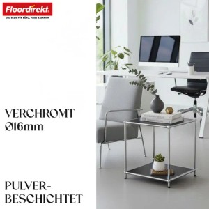 Schwarzes Floordirekt Metallregal Concept Epure MK-012 als Beistelltisch im modernen Büro.