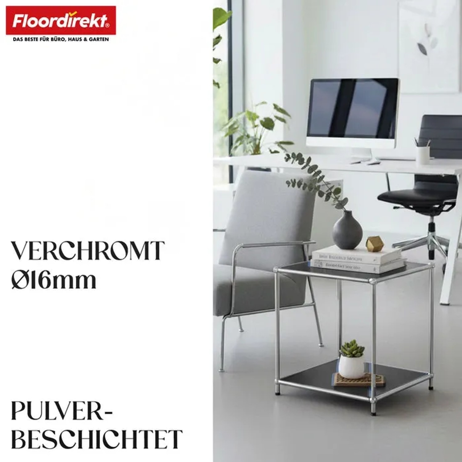 Schwarzes Floordirekt Metallregal Concept Epure MK-012 als Beistelltisch im modernen Büro.