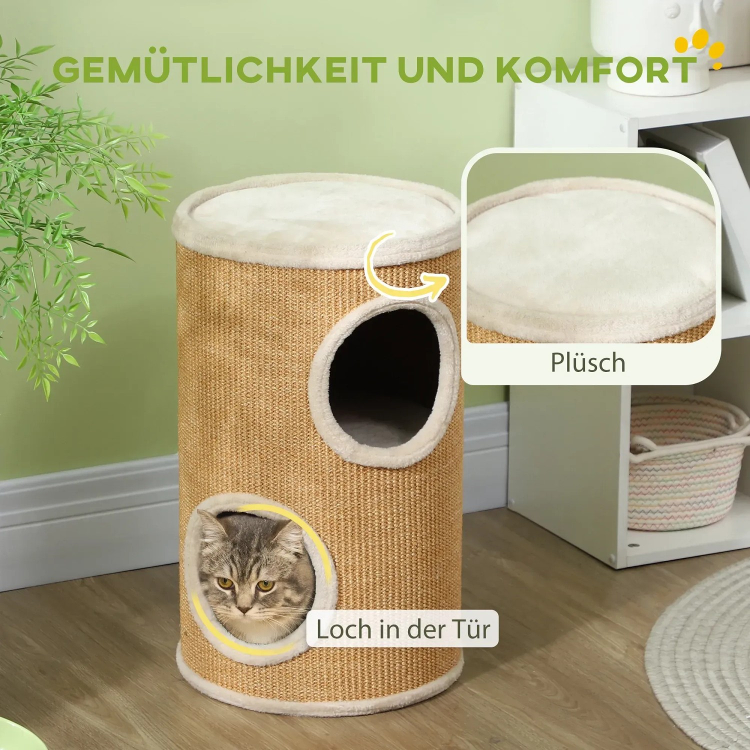 Braune PawHut Kratztonne mit zwei Öffnungen und Katze, Ø35x60cm. Kratzbaum aus Sisal und Plüsch.